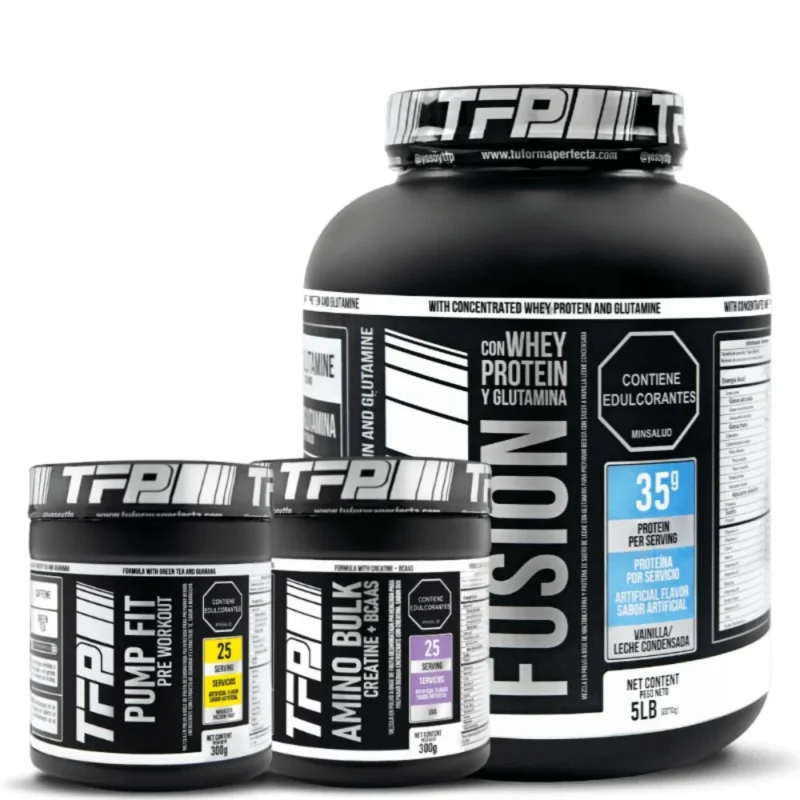 Promocion proteina para ganar masa muscular TFP Fusion, creatina y energizante. Combo de ganancia muscular