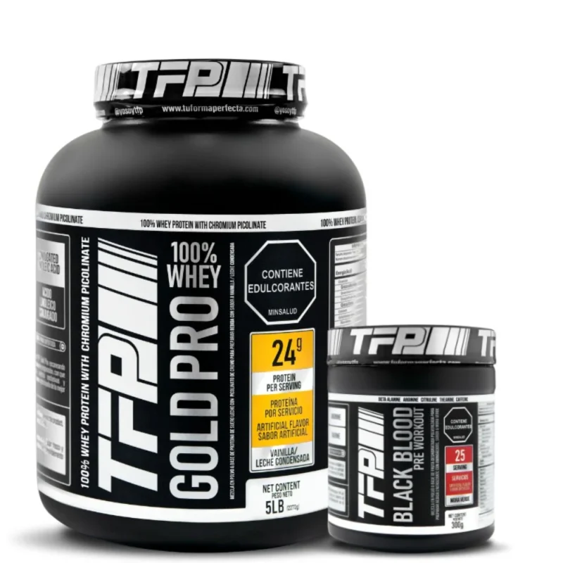 Combo tonificacion y aumento de masa muscular proteina sin grasa TFP Gold Pro y pre entrenamiento para tener mas energia