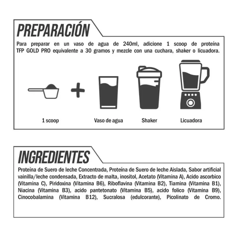 proteina TFP Gold Pro ingredientes y forma de preparacion
