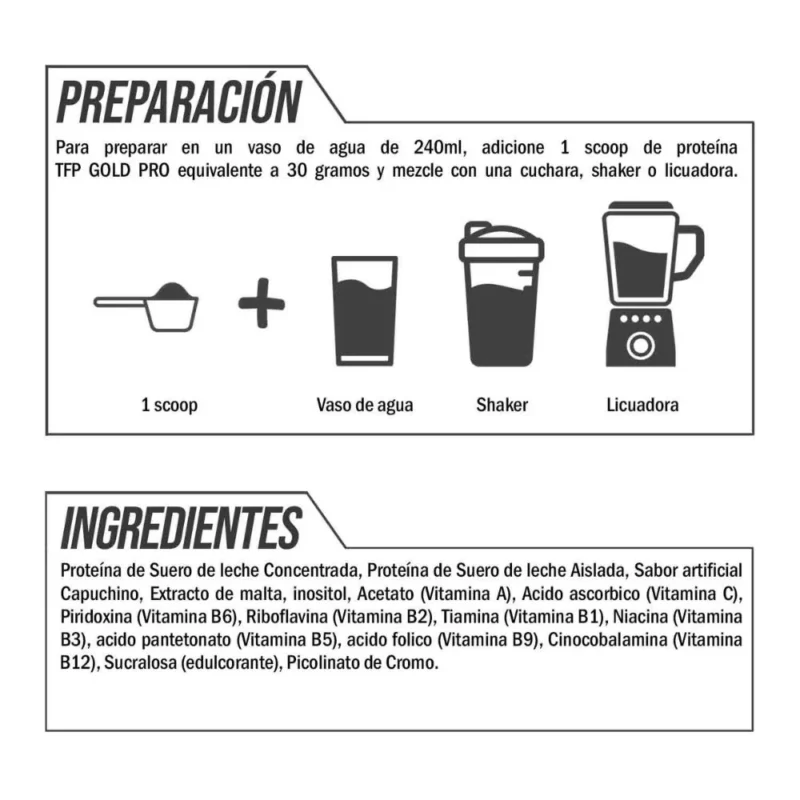 proteina TFP Gold Pro Capuchino ingredientes y forma de preparacion