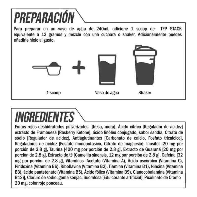 quemador de grasa TFP Stack ingredientes y forma de preparacion