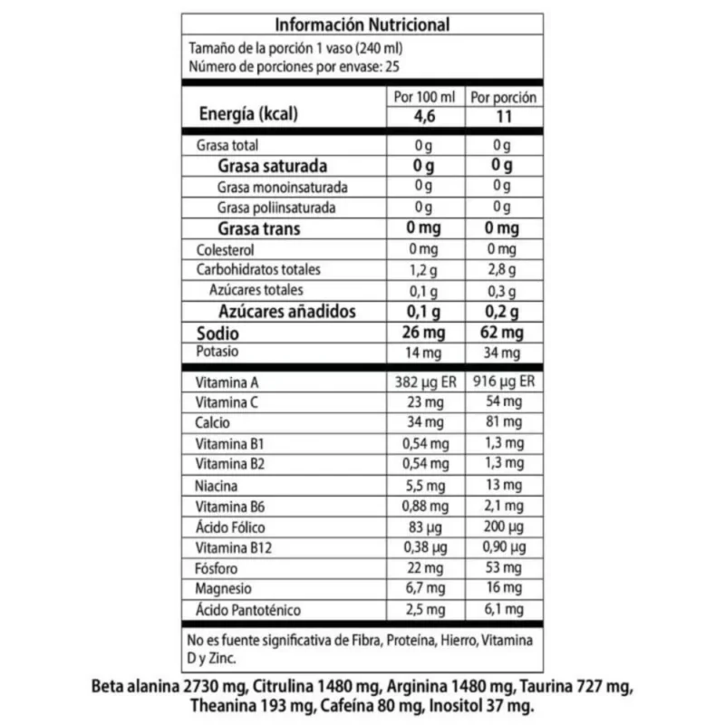 preworkout TFP Black Blood 300g tabla nutricional